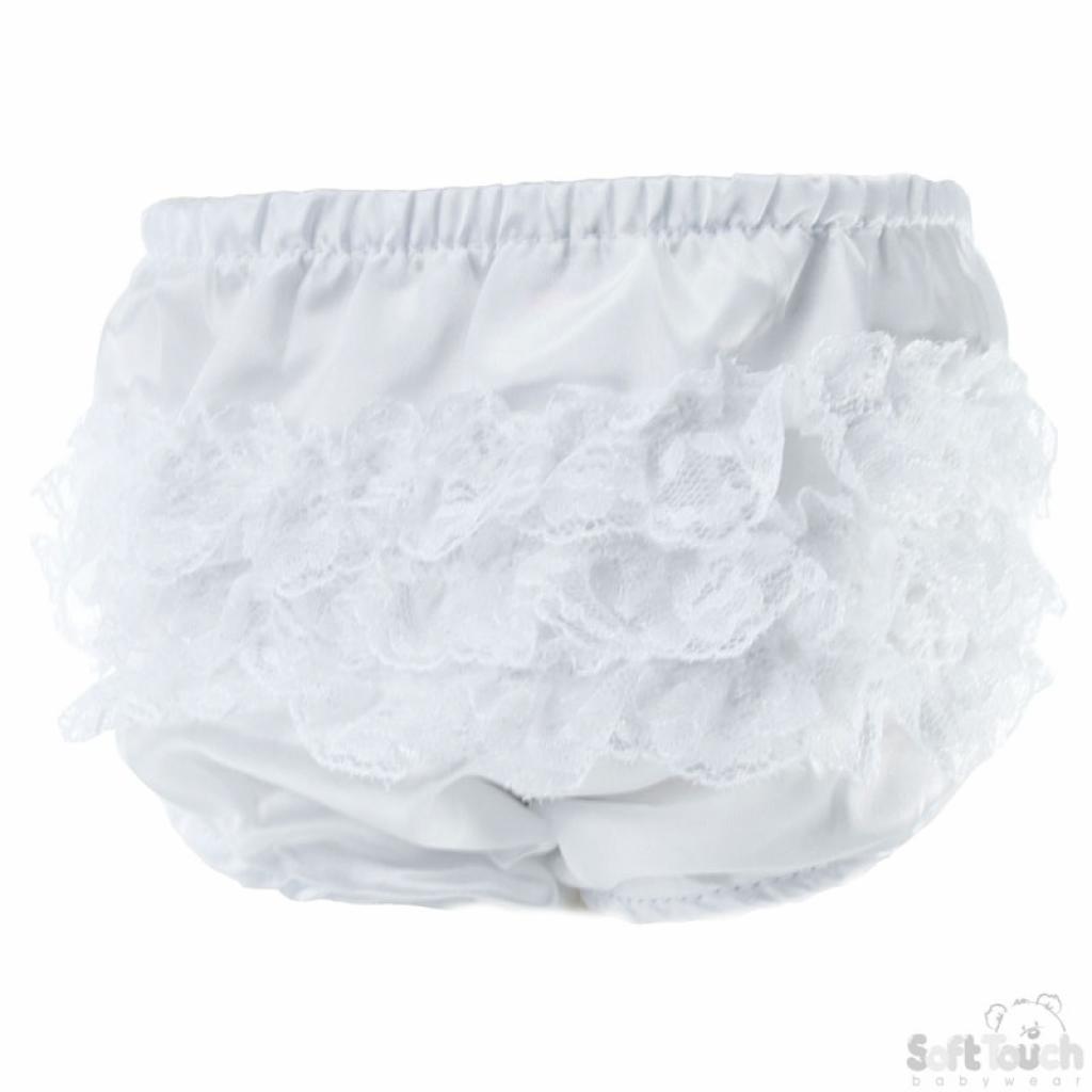 Soft Touch 4FP03-SW 0-6 = 5023797316210, 6-12=5023797316227 STFP03-W White Satin Frilly Pant (0-12 months)