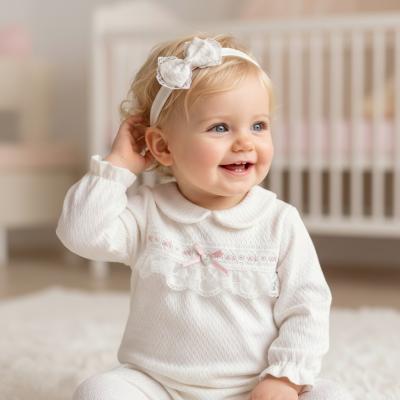 BJ3276W White "Lace and Bow" Textured All In One (0-9m)
