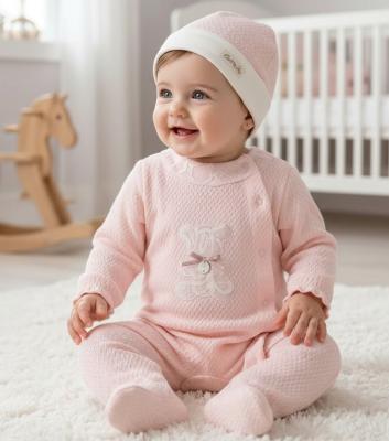 BJ3283 Pink "Teddy" Textured All In One and Hat (0-9 months)