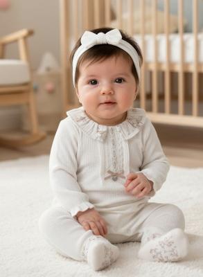 BJ3286W White "Lace and Bow" Textured All In One (0-9m)