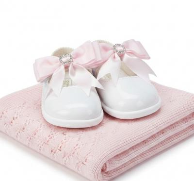 BPH035-WPi  White Pink Bow & Diamante First Walker Shoe  (2-6)