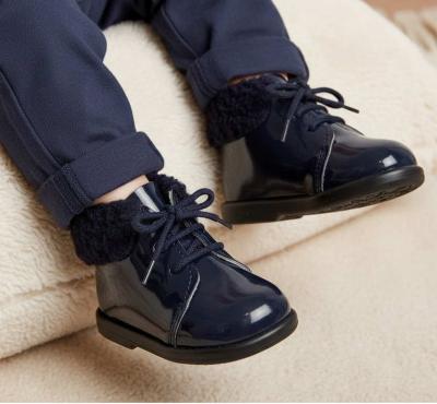 BPH515-N  Navy Patent First Walker Boots with Fur Collar  (2-6)