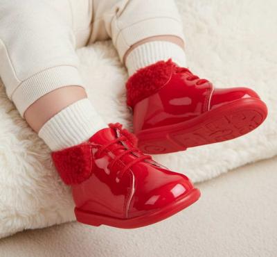 BPH515-R  Red Patent First Walker  Boots with Fur Collar  (2-6)
