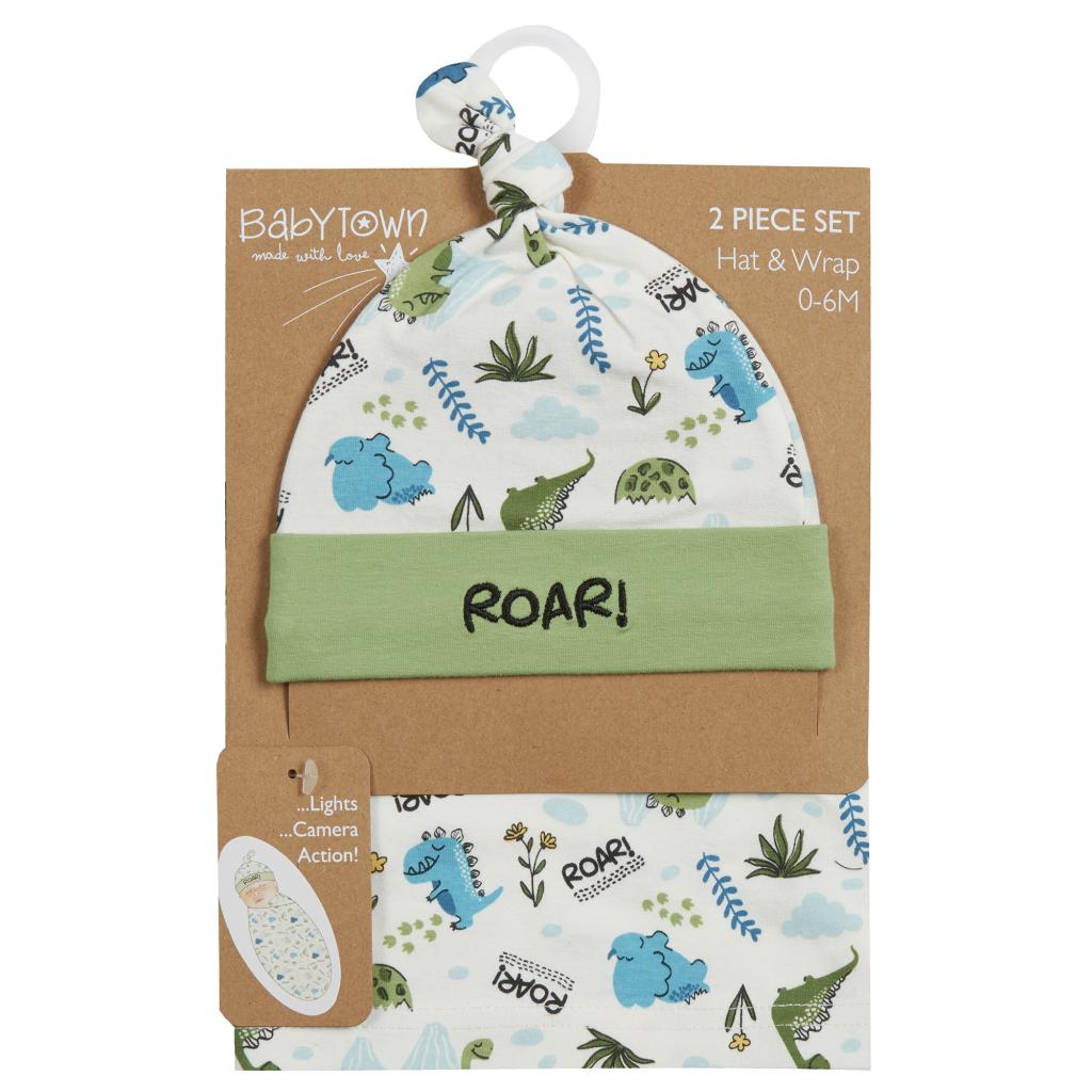 Baby Town 19C223 5056188227451 BT19C223 "Dinosaur" Swaddle Wrap and Hat Set (0-6 months)