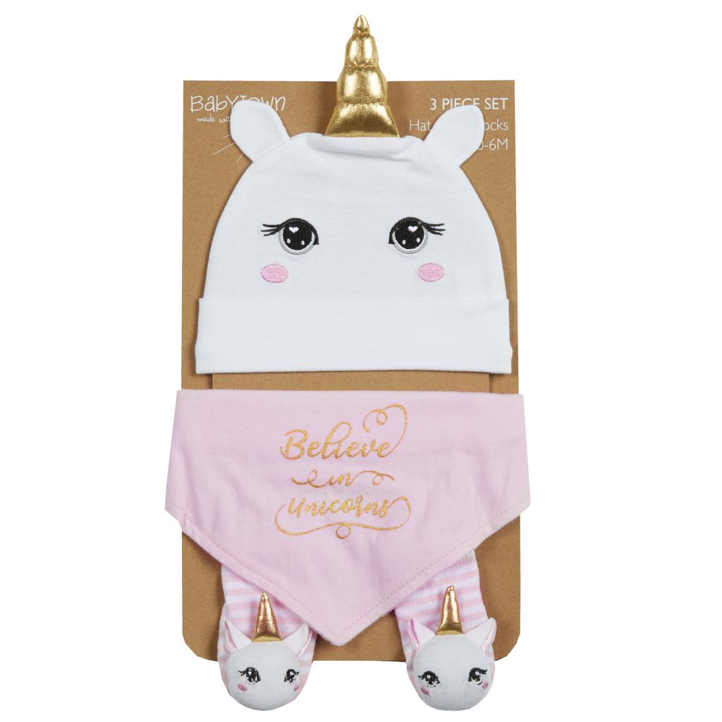 Baby Town 19C224 5056188227444 BT19C224 "Unicorn" Hat, Bib and Sock Set (0-6 months)