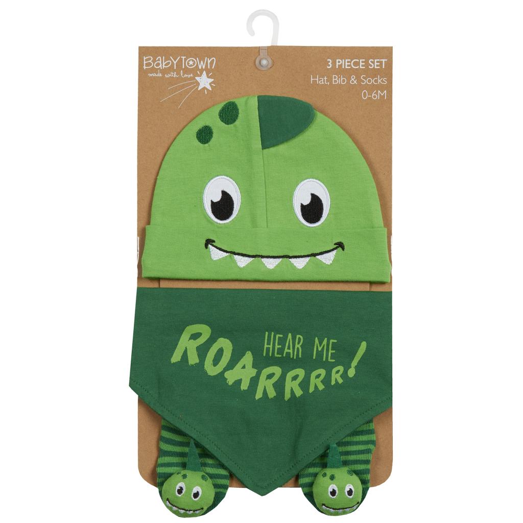 Baby Town 19C225 5056188227437 BT19C225 "Dinosaur" Hat, Bib and Sock Set (0-6 months)
