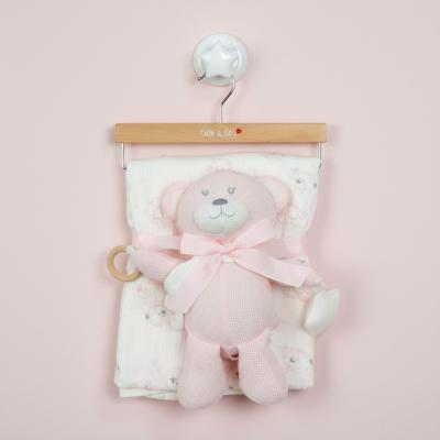 CC112-3004P Pink Muslin Fabric Blanket & Teddy