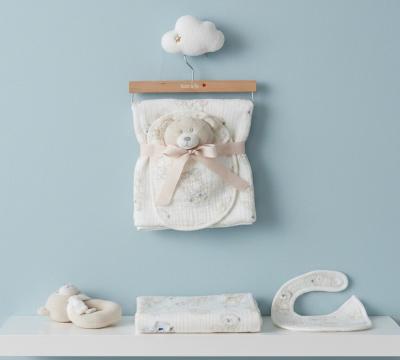 CC112-3005T Taupe Muslin Fabric Blanket, Rattle & Bib