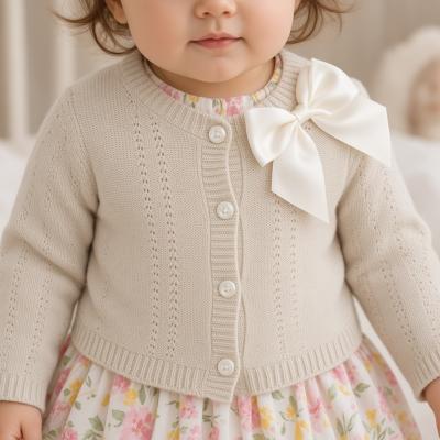 JF10-3002T Taupe Bow Cotton Cardigan (0-9 months)