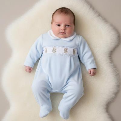 LD001 Teddy Bear Velour Smocked All In One (0-9m)