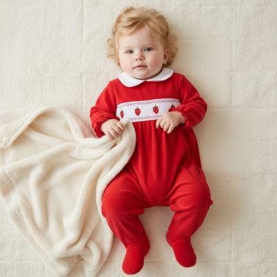 LD003R Velour Smocked Strawberry all in one (0-9m)