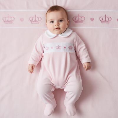 LD006P Velour crown smocked all in one (0-9m)