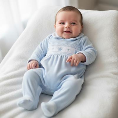 LD010B Velour crown smocked all in one (0-9m)