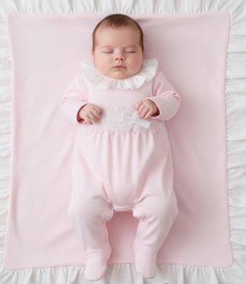 LD013P Cotton Ruffle Sleepsuit with Lace and Bow Detail (0-9m)
