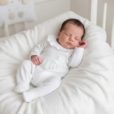 LD013W Cotton Ruffle Sleepsuit with Lace and Bow Detail (0-9m)