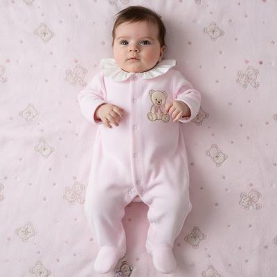 LD017-P Velour Teddy Bear Embroidered Ruffle All in One (0-9m)
