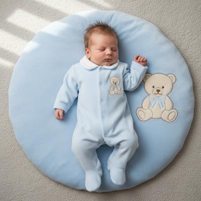 LD018B Velour Teddy Bear Embroidered Sleepsuit (0-9m)
