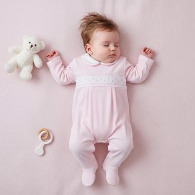 LD004P Pink Velour Polka Dot Smocked All in One (0-9m)