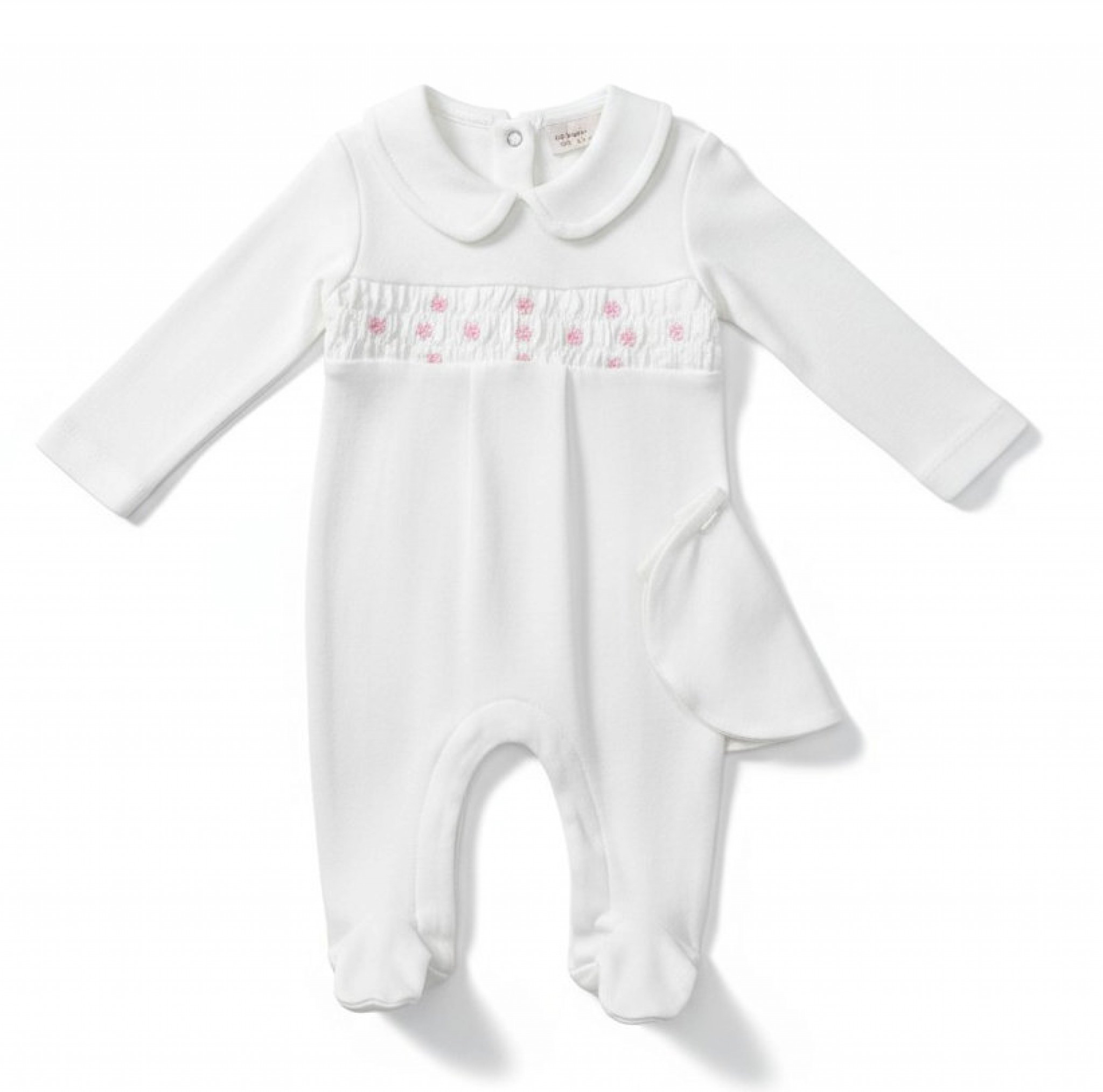 Little Dreams 15051PINKWHITE * LD15051-W White Smocked All In One with Hat (0-9m)