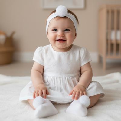 LD3570-W White Pom Pom Bootie and Headband (0-6m)