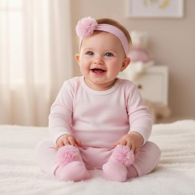 LD3570P  Pink Pom Pom Bootie and Headband  (0-6m)