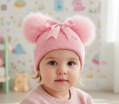 LD850021-P Double Pom Pom Hat with Bow (Newborn - 12 months)