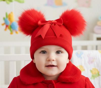LD850021R Double Pom Pom Hat with Bow (Newborn - 12 months)