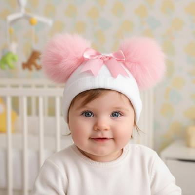 LD850021WP Double Pom Pom Hat with Bow (Newborn - 12 months)