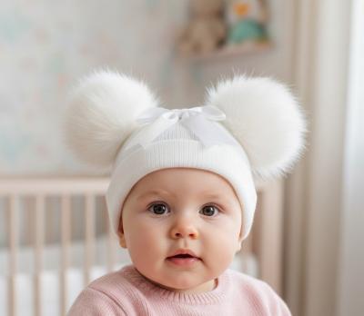 LD850021W Double Pom Pom Hat with Bow (Newborn - 12 months)