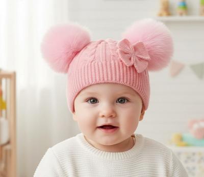 LD880014P Double Pom Pom Hat with Bow (Newborn - 12 months)