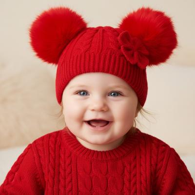 LD880014R Double Pom Pom Hat with Bow (Newborn - 12 months)