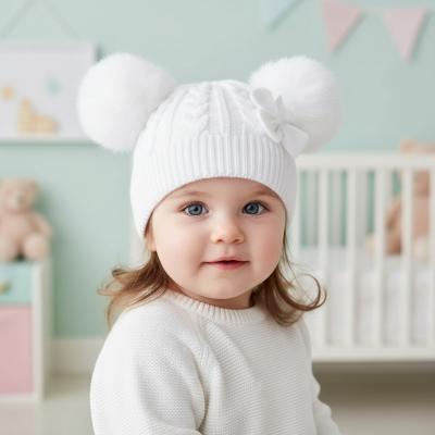 LD880014W Double Pom Pom Hat with Bow (Newborn - 12 months)