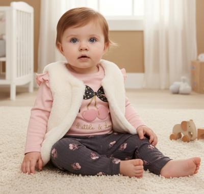 LJJ15870 Furry Gilet, leggings & top "Cherry" (0-9 months)