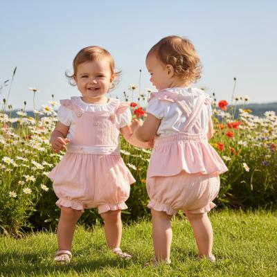 MB7055A  Pointelle Bow Frilled Dungaree Set  (12-24 months)