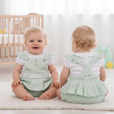MB7069SG  Pointelle Bow Frilled Dungaree Set  (3-9 months)