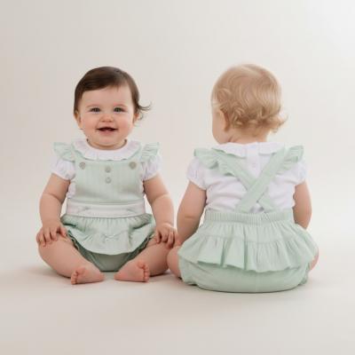 MB7069  Pointelle Bow Frilled Dungaree Set  (3-9 months)