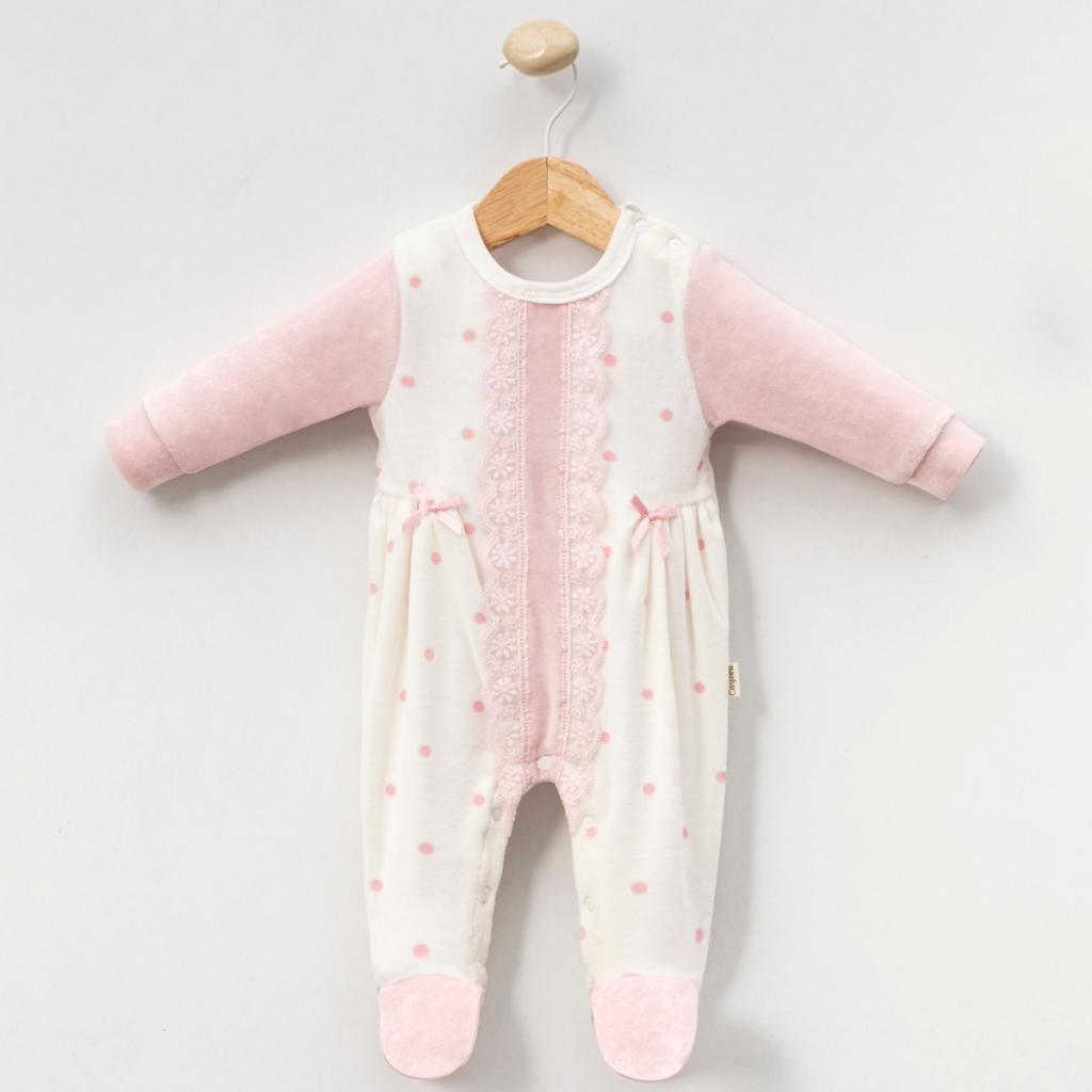 MiniCayzen   MC1102P Pink Dotty and Lace Velour All in one( 0-9 months)