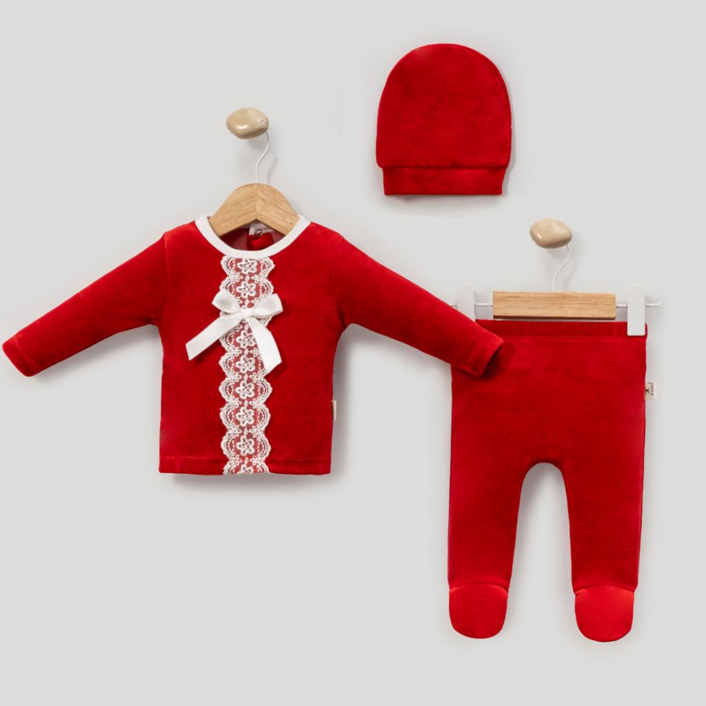 MiniCayzen  * MC4042R Red Cotton Velour Lace Three Piece ( 0-6 months)