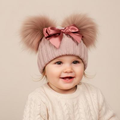 ML0503-0625RG-M  Rose Gold Double Pom Hat with Bow  (6-12m)