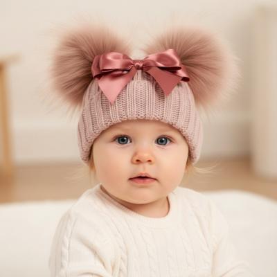 ML0503-0625RG-S  Rose Gold Double Pom Hat with Bow  (0-6m)