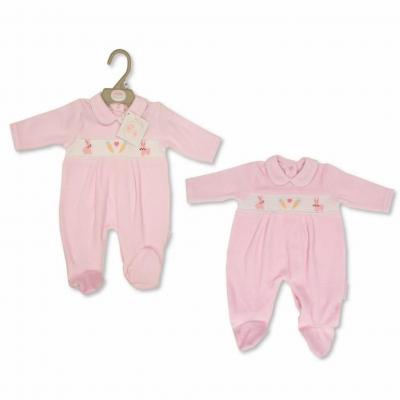 My Little Chick BW-13-384 5035320133843 ML13-384P Smocked "Bunny" Velour All In One (Newborn - 6 months)