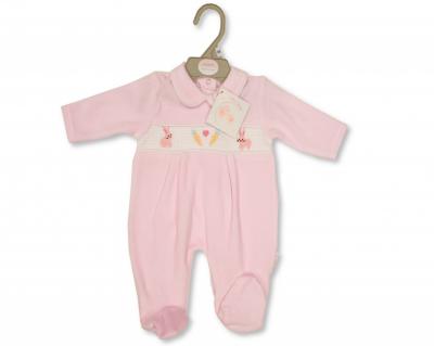 My Little Chick BW-13-384 5035320133843 ML13-384P Smocked "Bunny" Velour All In One (Newborn - 6 months)