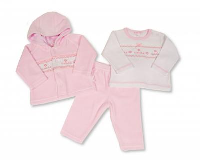 ML13-388P  Smocked Velour "Cuddles" 3 Piece Set  (NB-6 months)