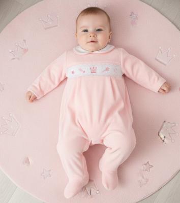 ML13-433P Smocked Velour "Princess" All In One (NB-6 months)