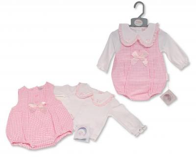 My Little Chick BIS-2020-2571 5035320025711 ML2020-2571P Dogtooth "Bow and Lace" Short Romper Set (NB-6m)