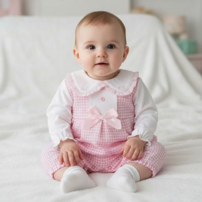 ML2020-2572  Dogtooth "Bow" Long Dungaree Set  (NB-6m)