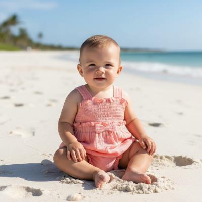 ML2120-6295-P  Shirred "Bows" Muslin Romper  (Newborn - 6 months)