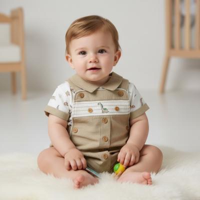 ML2120-6323-T Smocked "Dinosaur" Linen Dungaree Set (NB-6m)