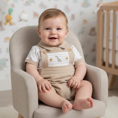 ML2120-6324-T  Smocked "Dinosaur" Linen Dungaree Set  (NB-6m)