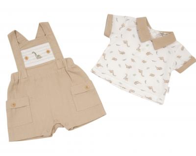 ML2120-6324T  Smocked "Dinosaur" Linen Dungaree Set  (NB-6m)